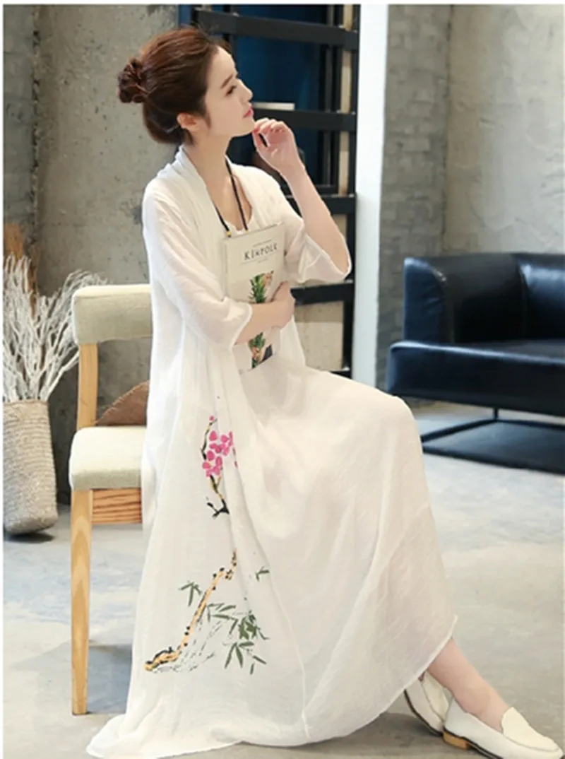 

2019 chinese women qipao o neck evening party dress print flower vestidos art zen tea hemp dresses flax robe cheongsam qipao