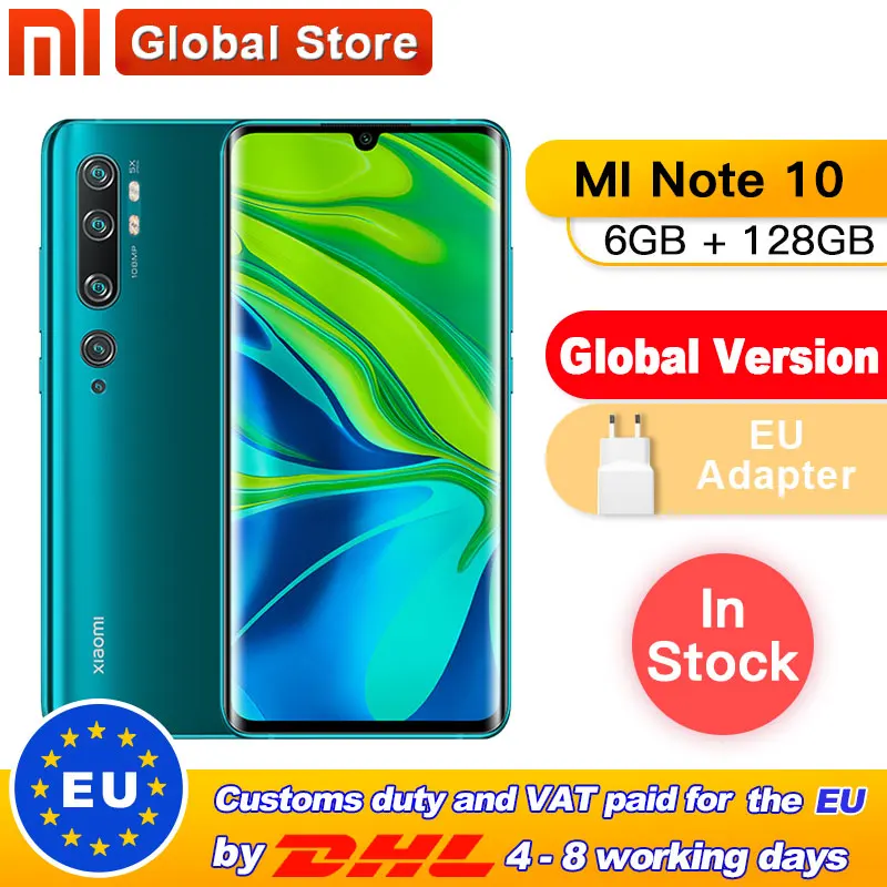 

New Global version Xiaomi Note 10 6GB 128GB 108MP Penta Camera Smarphone 5260mAh Battery 10x Optical Zoom Double Curved Screen