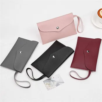 

New Designer Women Pu Leather Slim Wallet Female Pure Color Clutch With Wristlet For Phone Coin Credit Card Holder Wholesale