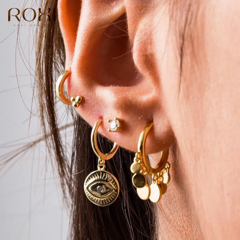 ROXI, новинка, серьги со злом глазом, 925 пробы, серебро, циркон, глаза, подвеска, маленькие серьги-гвоздики для женщин, ювелирные изделия, висячие серьги