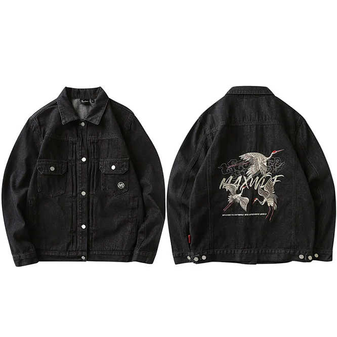 Crane Embroidered Denim Jacket Japanese Harajuku Men Hip Hop Jeans Jacket Streetwear Denim Bomber Jacket Black Blue Cotton - Color: B61B0497 Black