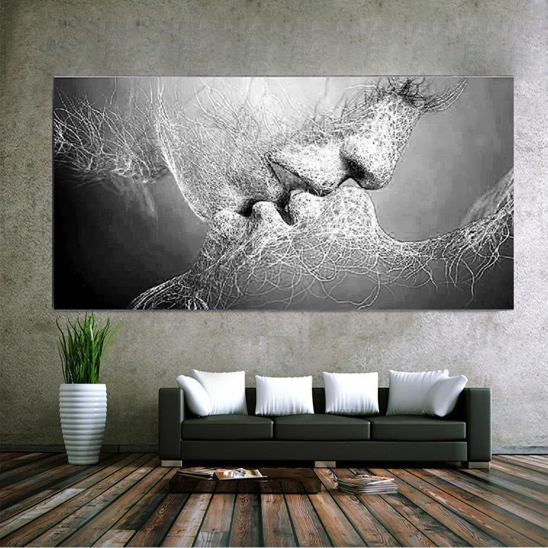 Black&White Love Kiss Abstract Painting Wall Picture Bedroom Living Room Decor 