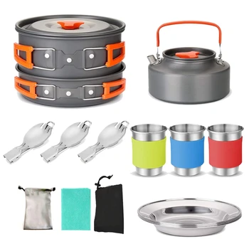 

1 Set Camping Cookware Mess Kit Large Size Hanging Pot Pan Kettle Cups Dishes Forks Spoons Kit for Outdoor Camping Hiking and Pi