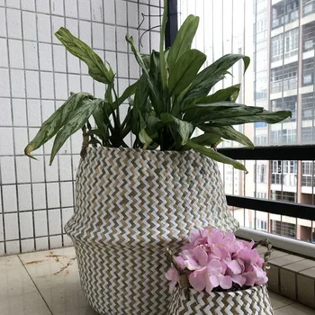 

1pc Natural Seagrass Belly Plant Basket Laundry Basket With Handle Home Decoration Plants Dirty Clothes Toys Organizer
