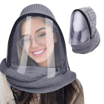 

Adult Face Shield Winter Warm Knitted Hat Scarf Reusable Removable Protective Face Wear Dustproof Anti-Saliva Keep Safety Cap
