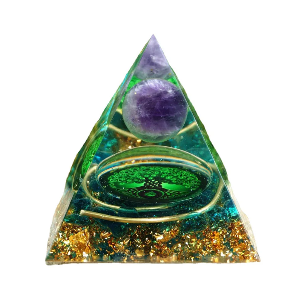 Tree of Life Orgone Pyramid Crystal Energy Orgonite Pyramid Peridot Healing Gem Stones EMF Orgonite Chakra Reiki Meditaiton Tool 