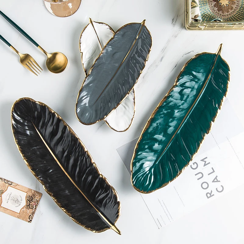 

Homhi Feather Ceramic Storage Tray Fruit Plate Nordic Luxury Tableware Cosmetic Accessories Home Desktop Decoration [HBJ-043]