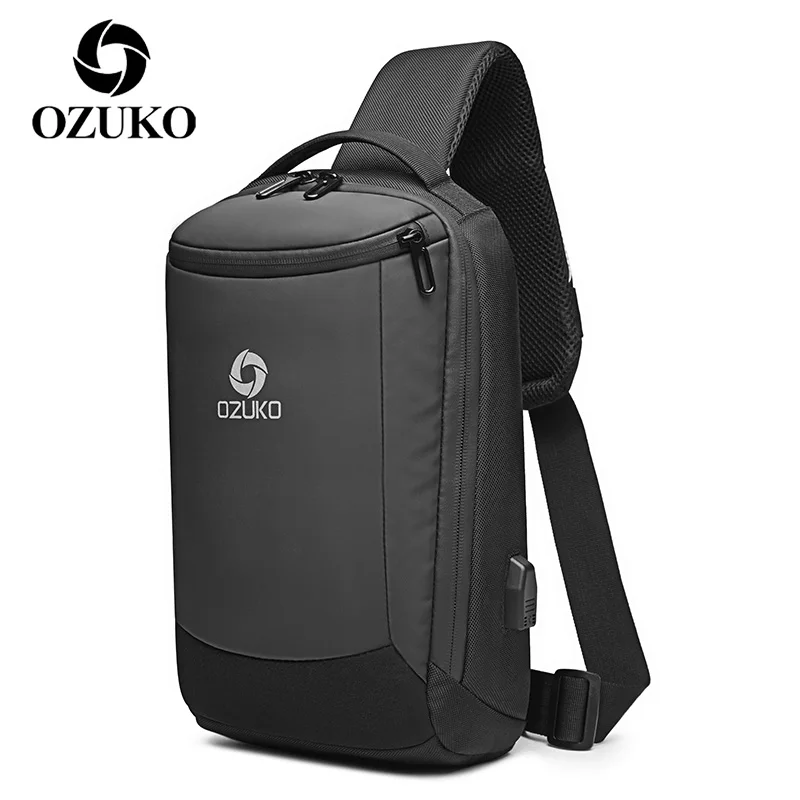

OZUKO Short Trip Crossbody Shoulder Bag for Men USB Charging Multifunction Single Pack 9.7 Inch Ipad Male Waterproof Chest Bags