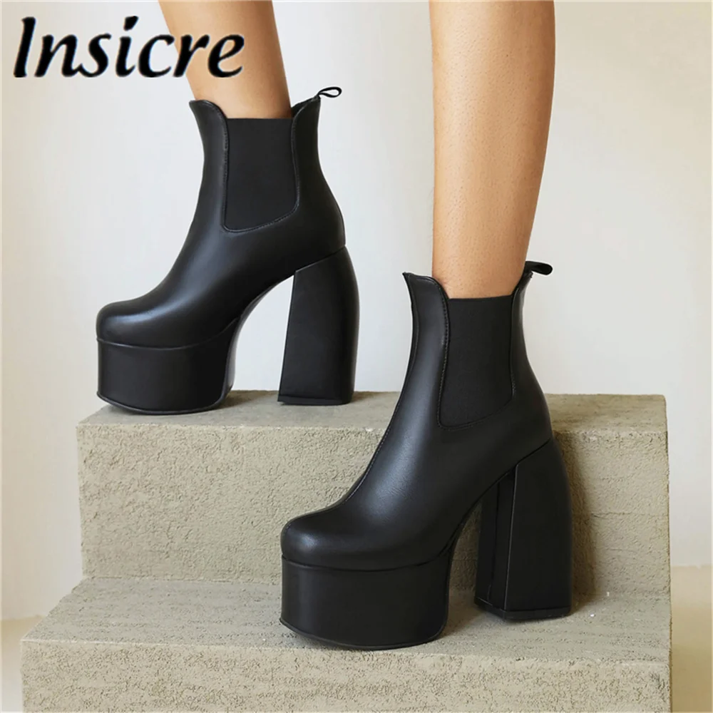 

Insicre Women Stretch Ankle Boots 2021 New Fashion Thick High Heels Platform Round Toe Black Party Club Shoes Big Size 35-46