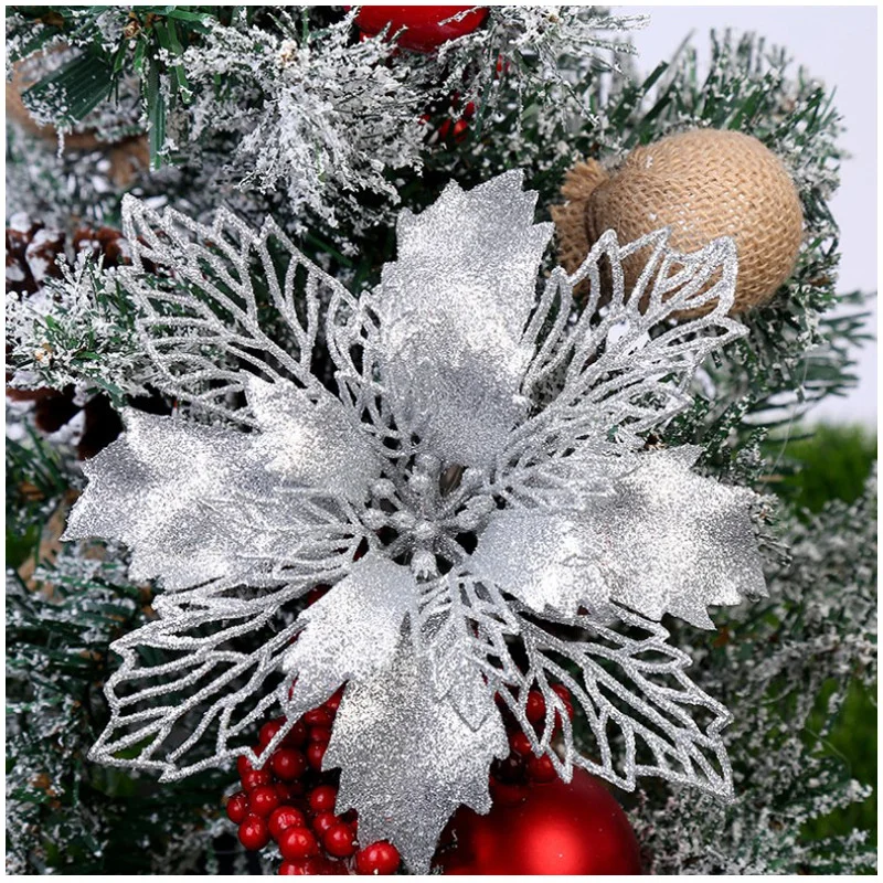1/4pcs NEW Christmas Tree Decor Xmas Ornament Glitter Simulation Flower Plastic 