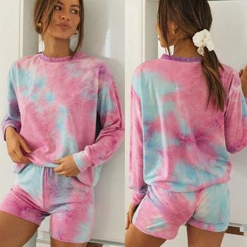 

Women Home Set Tie Dye Long Sleeve Top Shirt and Shorts Outfits Casual Suit Loose 2 Piece Sets
