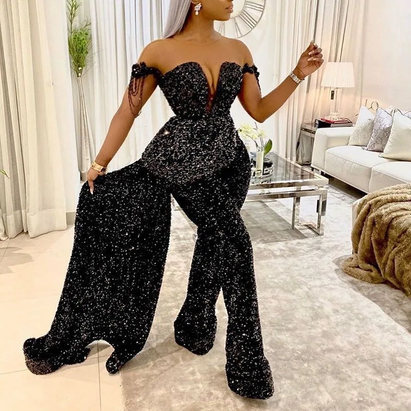 2022 Europe & America fashion new style women's sexy contracted V neck show dew back party jumpsuit