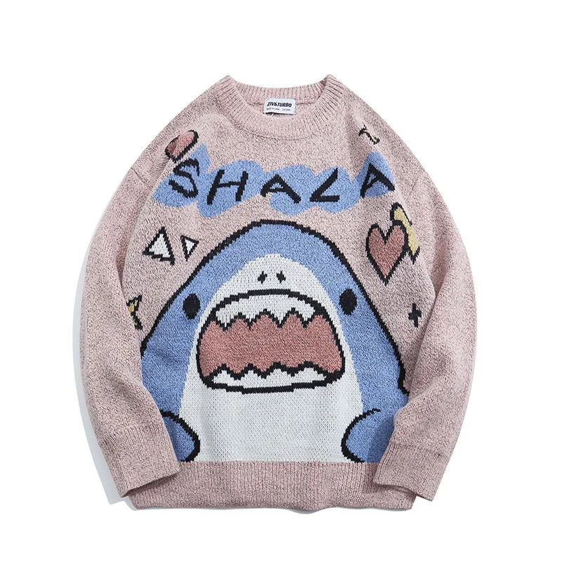 

Harajuku Men Sweater Shark Cartoon Print Knit O-neck Pullovers Vintage Loose Clothing Couplm Autumn Sweater Casual Male Pullover