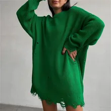 

Casual Oversized Sweaters Green Knitted Pullover Tops Women 2021 Autumn Loose O Neck Jumpers Hole Streetwear Sweaters Winter