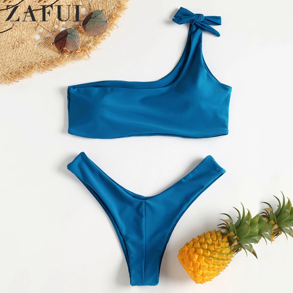 

ZAFUL Tied One Shoulder Thong Bikini Set High Leg Bikini Low Waisted Swimwear Women Padded Bathing Suit