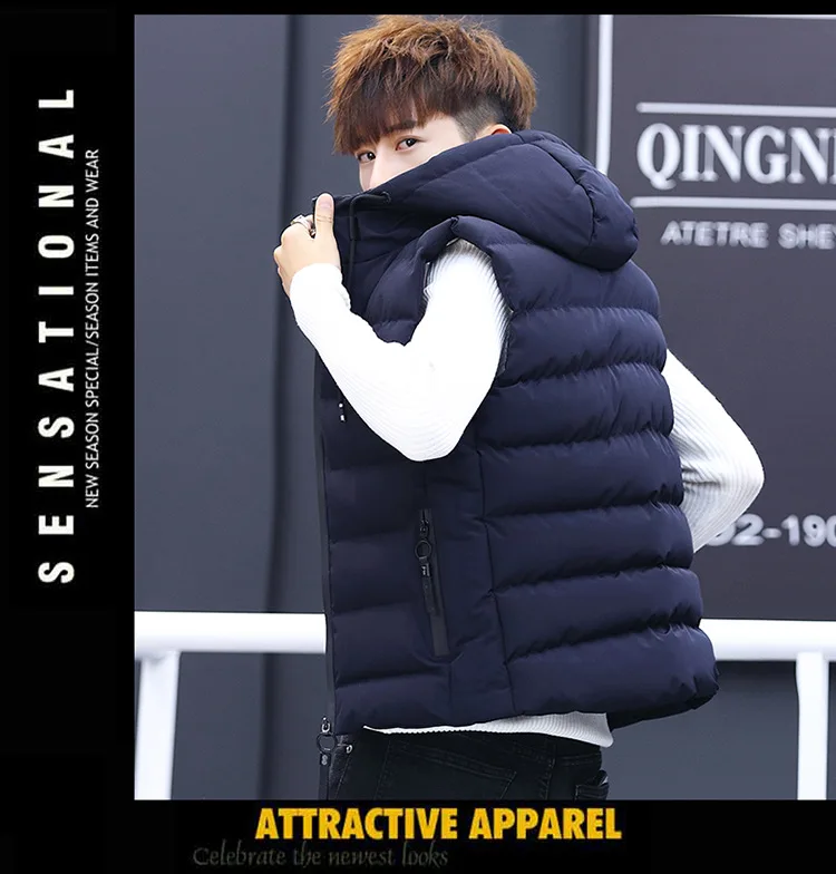 Cotton-padded Clothes Waistcoat Men's Autumn And Winter Teenager Casual Hooded Cardigan Sleeveless Waistcoat Korean-style Slim F