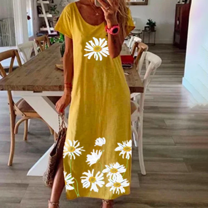 

Oversize Women Maxi Dress 2020 Summer Daisy Printed Long Dress O Neck Hem Split Dress Short Sleeve T-shirt Dress Mujer Dress