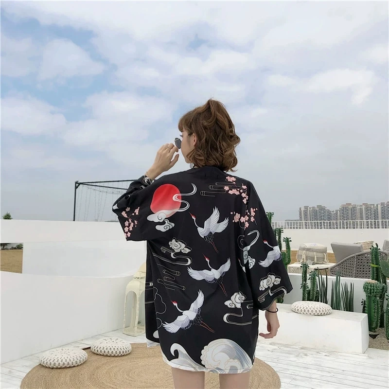 New Japanese Yukata Kimono Haori Female Red-Crowned Crane Traditional Japanese Kimonos Kimono Cardigan Haori Yukata FF2581