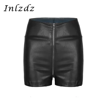 

Women's Pole Dance Shorts Wet Look Faux Leather High Waisted Front Zipper Solid Booty Shorts Bottoms for Dancewear Rave Clothes