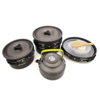 

4-5 Person Camping Pots +Flying Pan + Tea Pot + Plates Cookwear Set Picnic Tableware Cooking Kit for Camping Hiking Tourist