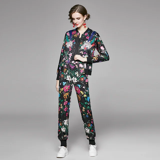 Luxious Floral Printed Autumn Winter Runway Fashion Two Piece Set Women s Causual Pencil Long Trousers Twinset Female