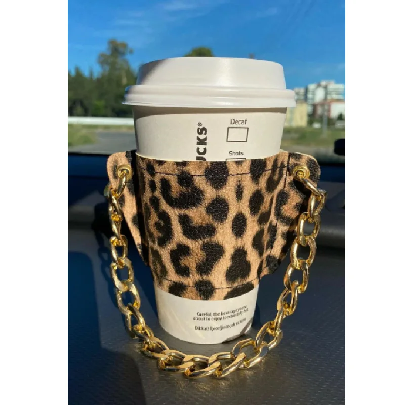 LEATHER Reusable Cupholder & Chain Handmade Coffee Cup 