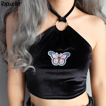

Rapwriter Embroidery Butterfly Tank Tops Women 2020 Female Summer Ring Lace-up Velvet Crop Tops Halter Top Ladies Streetwear