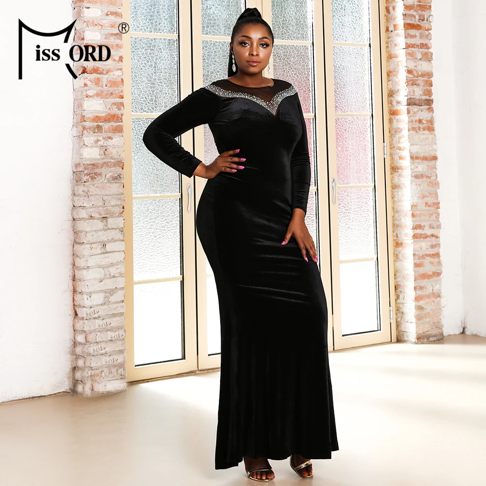 Missord 2021 Women Plus Size Dresses Maxi Sequins Velvet Sexy Evening Prom Party Bodycon Long sleeve Vestidos Elegant Black