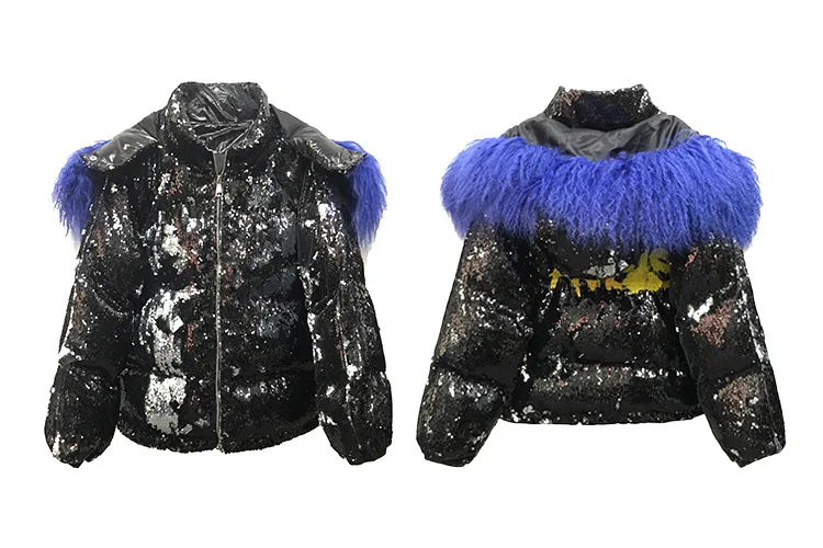 Женская зимняя куртка большого размера, цветная, расшитая блестками, Женская Теплая стеганая куртка с капюшоном, Лисий мех, Женское пальто с капюшоном LT050S30