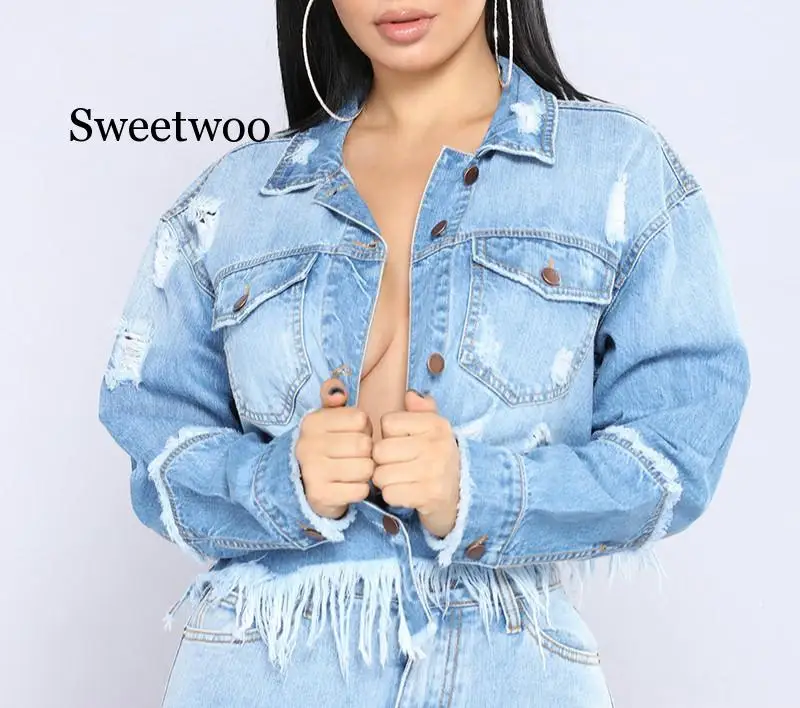 2020 Sexy tassel Denim Jackets Women Hole Boyfriend Style Long Sleeve Vintage Jean jacket Denim Loose Autumn Denim Coat Jean