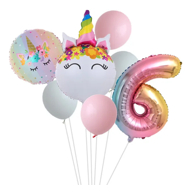 Rainbow Unicorn Balloon Number Foil Globos 1 2 3 4 Years Old Birthday Party Decoration Kid Unicorn Theme Party Wedding Balls Toy set 6