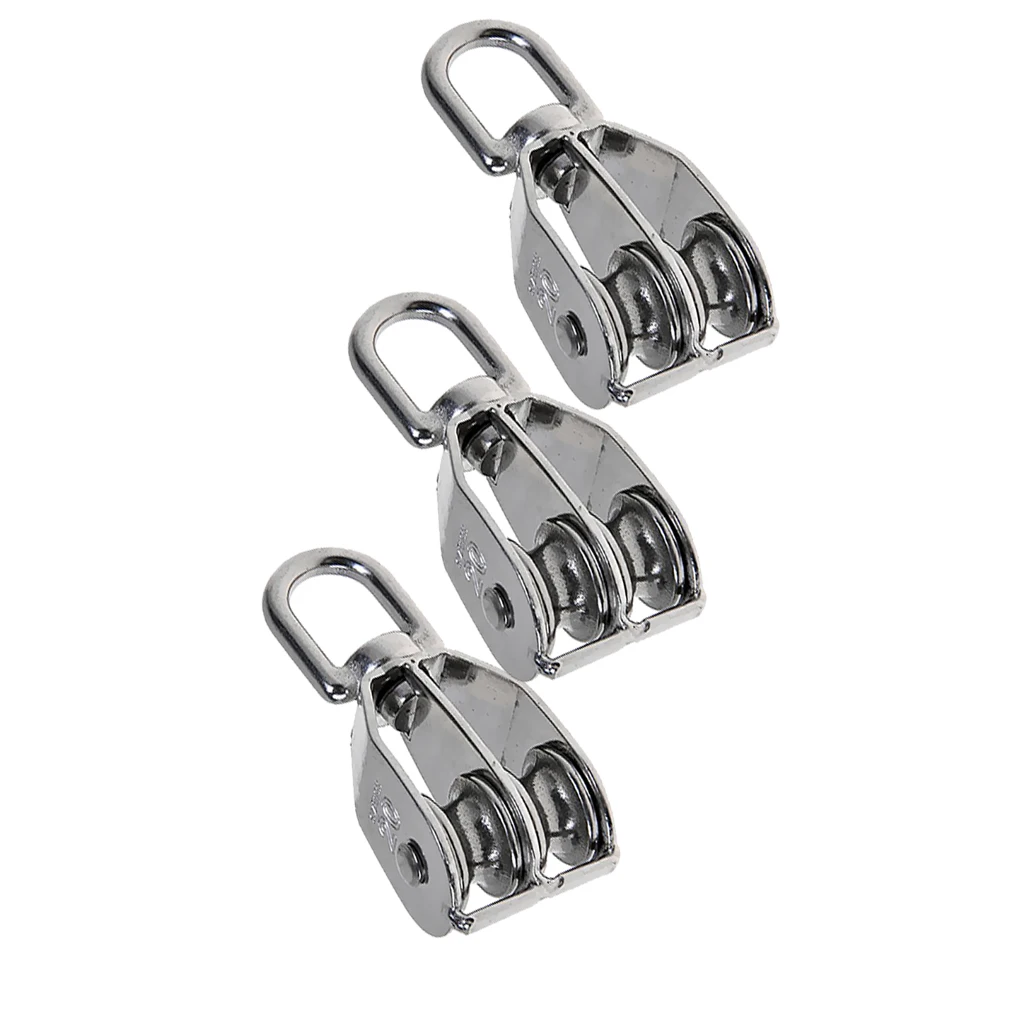 3pcs/set M20 Stainless Steel Double Sheave Swivel Eye Rope Pulley Block Wheels