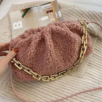 

Thick Chain Pleated Tote bag 2020 Winter New Quality Soft Plush Women's Designer Handbag High capacity Shoulder Messenger Bag