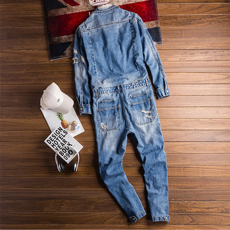 High Street Men Denim Jumpsuit Hip Hop  Hole Ripped Jeans Overalls Tattered Cargo Pants Fashion Siamese Freight Trousers