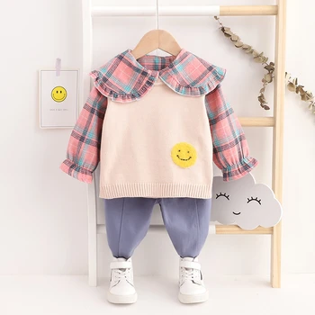 

Spring and Autumn Children Western Style Girls Fashion Lapel Plaid Shirt Long Sleeve Knitted Smiley Sweater Korean Three Piece
