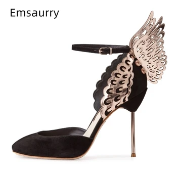 

Sexy Round Toe Side Cut Out Party Shoes Woman Metal Thin High Heels Ankle Strap Fretwork Wing Decor Suede Women Pumps