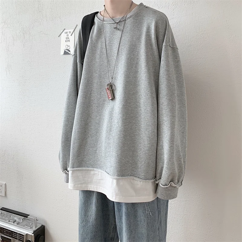 

Cotton Hoodies Men Warm Fashion Solid Color Casual O-neck Pullover Streetwear Loose Hip-hop Fake Two-piece Sweatshirt Men Hoody