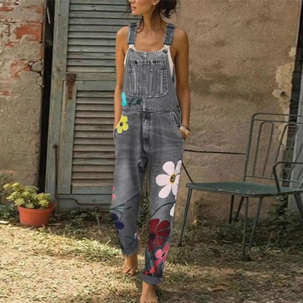 Bib Pants Jumpsuits flower printed blue jeans Romper for Women's Fashion Denim Bib Pants Sexy Long Rompers Overalls 2020 new
