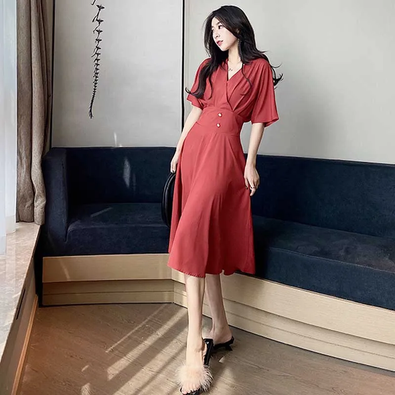 Elegant For Female Office One-Piece Dress 2020 New Summer Vintage V-Neck Waist Dresses Women Party Holiday Long Dress Vestidos