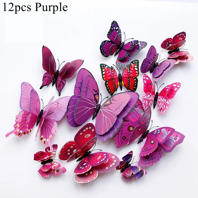 12PCS Butterfly Decoration stickers Decorative Butterflies For Birthday Party Supply 3D butterfly Theme Parti Decor Wedding purple