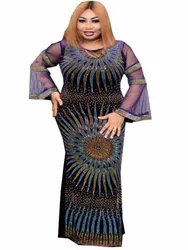 Slim Sexy African Dresses For Women Autumn Winter New Fashion Hot Rhinestone Flannel Long Sleeve Maxi Dresses Party Ladies Robe