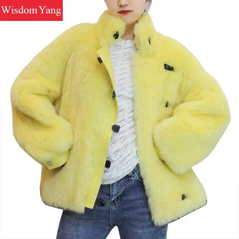 

Winter Fur Coat Women Warm Woollen Sheep Korean Wool Fur Coats Long Sleeve Ladies Loose Casual Yellow White Overcoat Outerwear