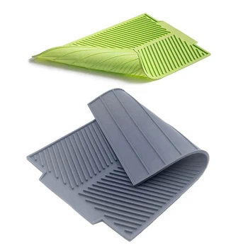 

2x Silicone Dish Drying Mat Flume Folding Draining Mat,Rectangle Drain Mat Drying Dishes Pad Green & Gray