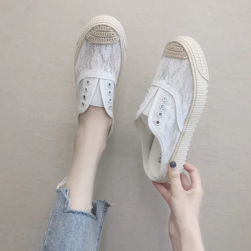 

Fashion Korean version Summer New Female Round Toe Lady Flat Fisherman Shoes Slip On Women Lace Sneakers shoes Half tray D4-31