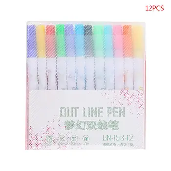 

12 Pcs Double Line Outline Pen Drawing Highlighter Dream Color Fluorescent Mark
