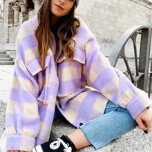 

Fashion New Winter Leisure Loose Long-sleeved Woolen Purple Plaid Jacket Ladies Large Profile Jacket Chic Top Coat Women 2021