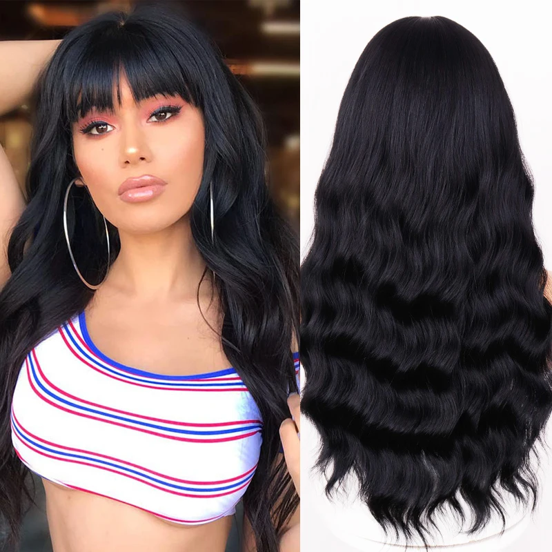 Best Offers Brown Hair Wig Bangs Ling-Hang Natural Synthetic 24-Inch Wavy Long with High-Temperature-Fiber LWyQedXa5