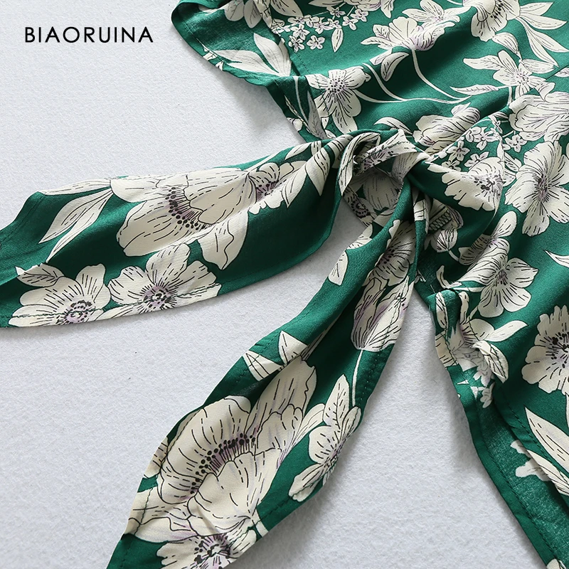 BIAORUINA Женская винтажная зеленая короткая рубашка с цветочным принтом, украшенная бантом, женская модная свободная Элегантная блузка с глубоким v-образным вырезом, топы