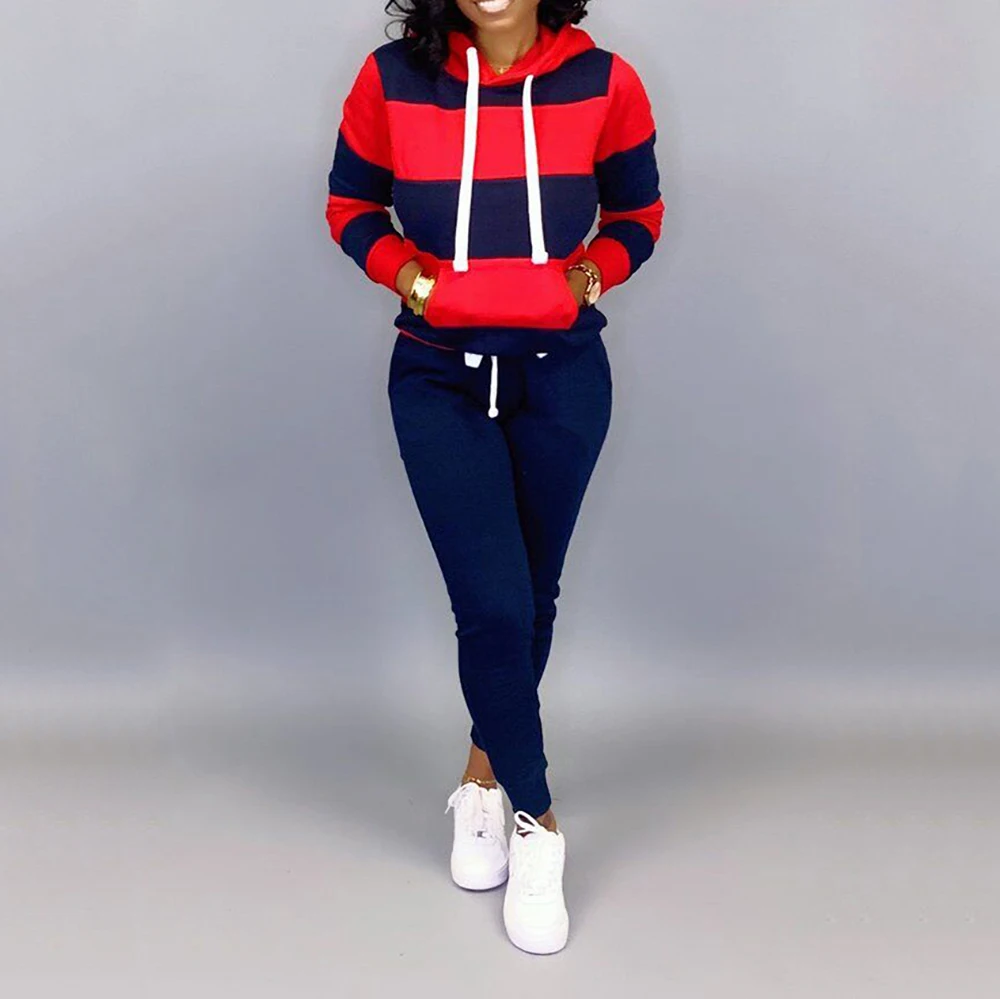 

Autumn And Winter Women Sweatshirt Striped Matching Hooded Pantsuit Sweatshirt Stripe Mosaic Design Polyester Hoodie Suit N21