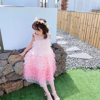 

2020 Spring Summer Cherry Pink Gradient Children Dress Girl's Sleeveless Fuffly Tulle Princess Cake Dress LD207